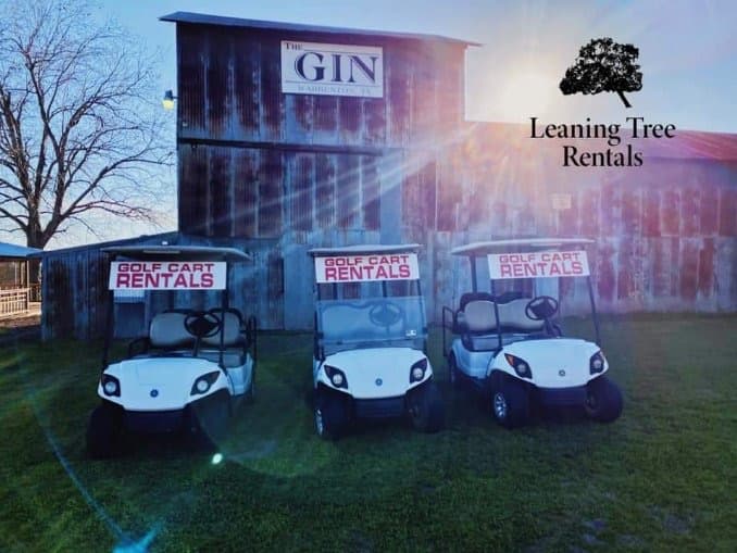 Golf carts lined up at The Gin in Round Top (Warrenton), Texas